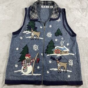 Womens Holiday Sweater Vest‎ L Heather Blue Snowman Snowflake Grannycore